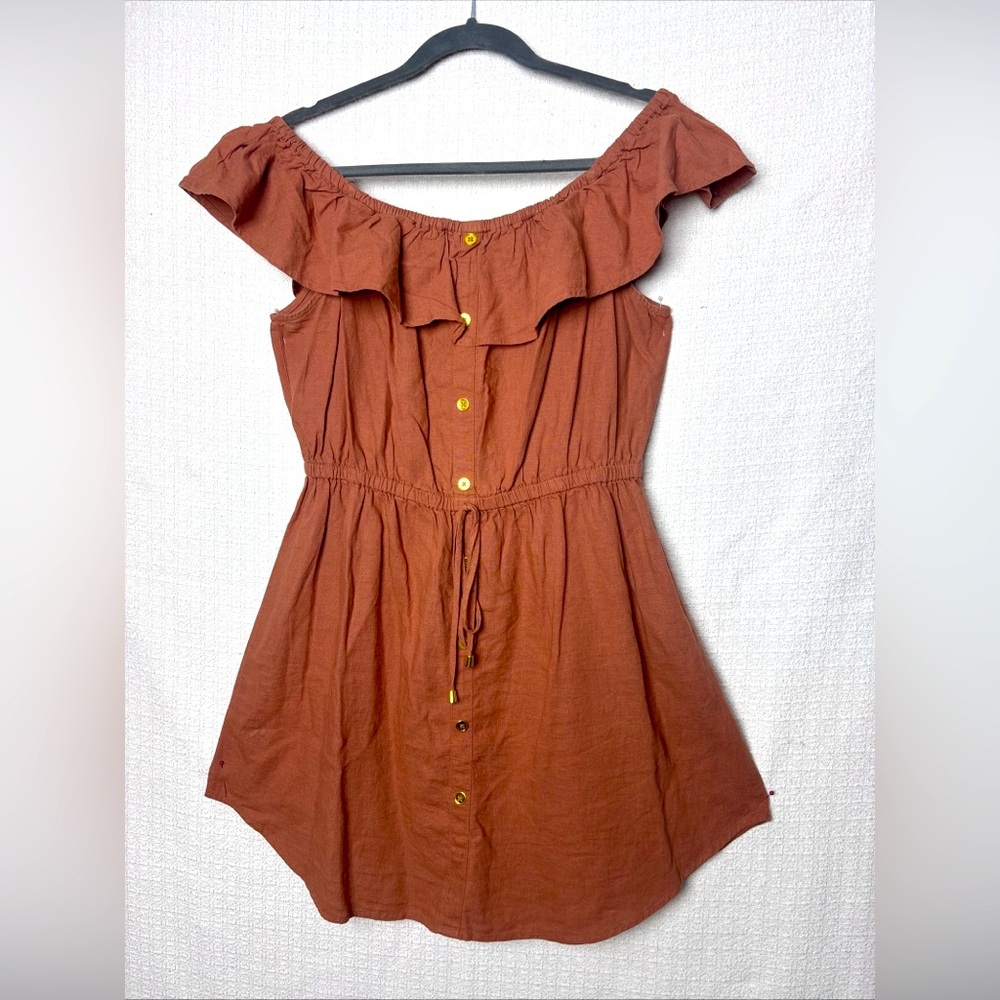 GBG Los Angeles Brown Off-Shoulder Ruffled Mini Dress